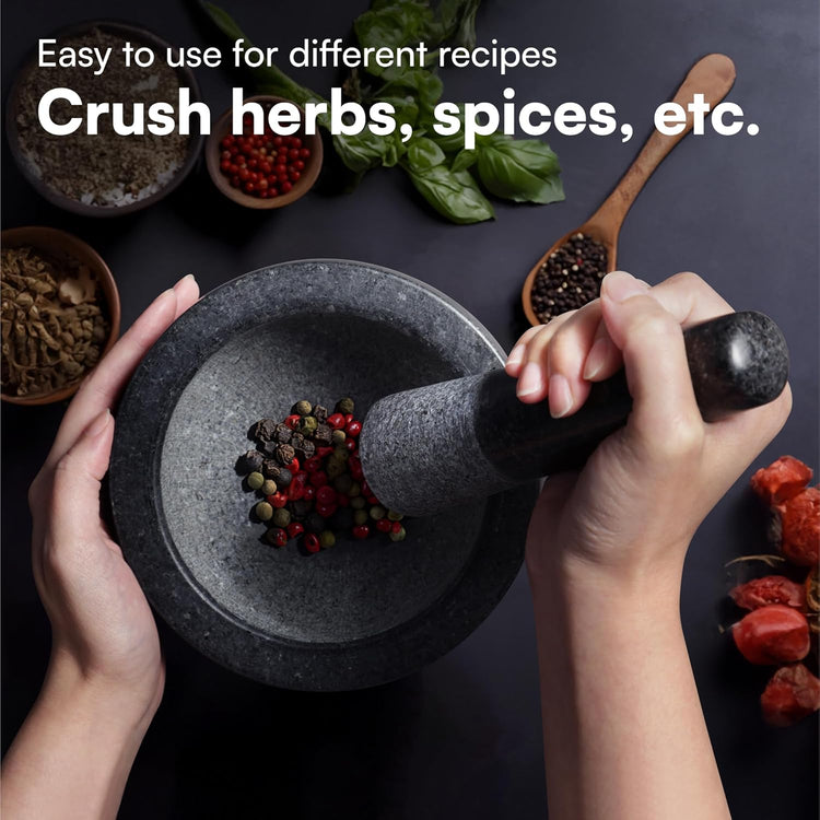 H&S Mortar and Pestle Set - Large Premium Solid Granite Stone Grinder Set - 16cm (6.3") Diameter - for Crushing & Mashing Herbs & Spices - Black
