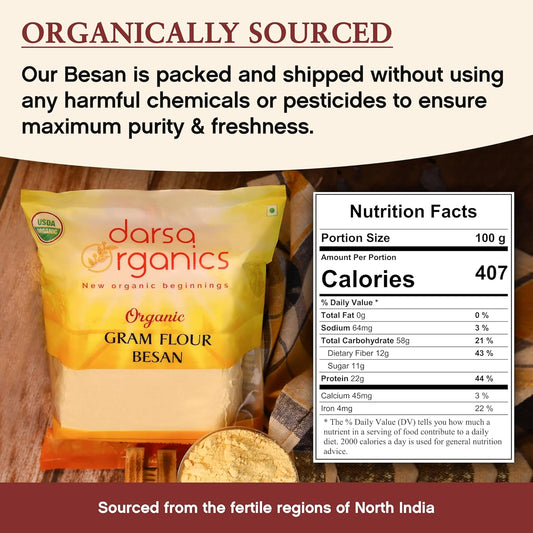 Darsa Organics Gram Flour - 2 lb Besan Flour, USDA Organic, Chemical Free, Non-GMO, Kosher, Premium Chickpea Flour for Cooking & Skin Care, Ideal for Gluten Free Diets & Face Masks - Nestoria