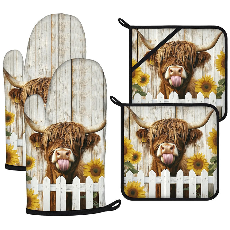 Sunflower Highland Cow Oven Mitts and Pot Holders Sets 4Pcs