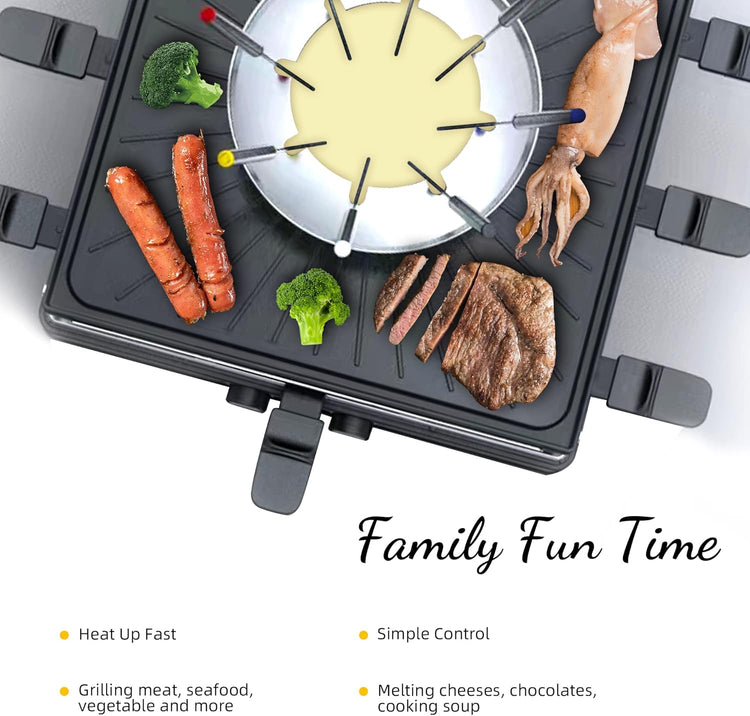 Electric Fondue Pot Set, 600ML Fondue Pot with Grill Plate, 8 Color-Coded Forks, 8 Non-Stick Pans, Dual Thermostat Fondue Grill Combo for Chocolate, Cheese, Grilling