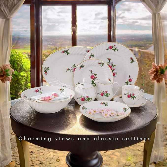 Lynns Paradise 45-Piece Vintage Rose Dinnerware Set, 24K Gold Trim | Embossed Swirl Floral Plates & Bowls | Apartment Essentials | Home Kitchen Dinner Accessories