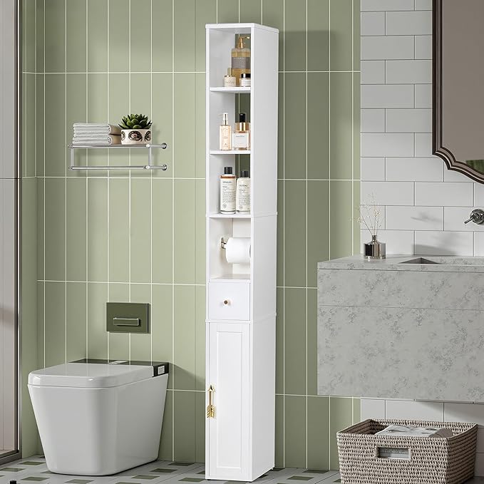 VECELO Narrow Bathroom Storage Cabinet, 67" Tall Cabinet Organizer with Toilet Paper Holder, Anti-Tip Device, 3 Adjustable Shelves, Drawer & Magnetic Door for Small Spaces, White