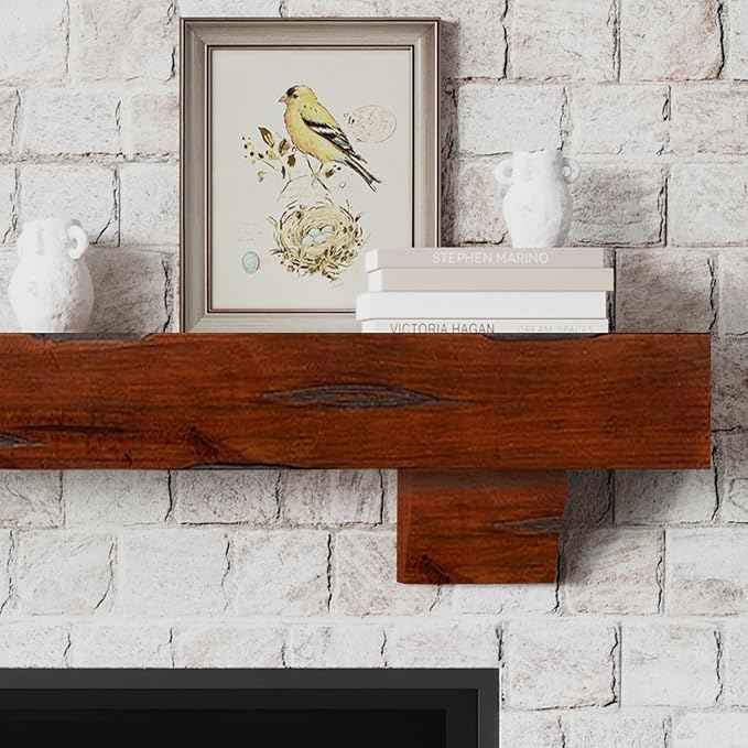 MANTELSDIRECT Breckenridge 60” Fireplace Mantel Shelf with Corbels – Rustic Floating Mantel Shelf for Over Fireplace – Cherry - Wood Shelf for Wall – Pine Box Construction