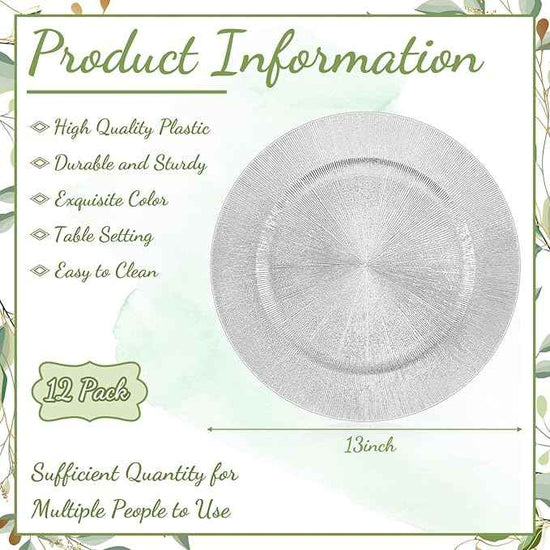 Tanlade 12 Pcs Charger Plates Bulk 13 Inch Plastic Round Wedding Chargers Floral Decorative Plates with Metallic Ruffled Rim for Wedding Party, Holiday Event Supplies(Silver)