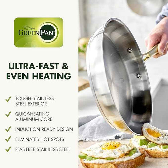GreenPan Stainless Steel Cookware Set, 11 Piece, Induction Cookware, Dishwasher Safe, Oven Safe to 600F, Large 8QT Stock Pot, Sauce, Saute, Frying Pans, Pots & Pans Kitchen Essentials, Gold