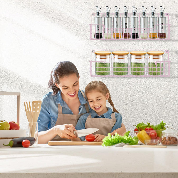 Spice Rack, 4-Pack Seasoning Organizer Wall Mounted for Kitchen Storage Organization, Metal Spice Holder Shelf for Cabinet, Pantry, Pink (4 Count)