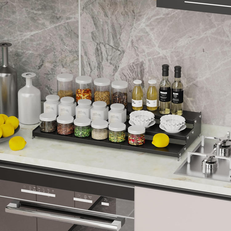 Expandable Spice Rack Storage organizer with 3-Tier step shelf for cabinet,seasoning racks organizion.Great for Kitchen countertop shelves,Pantry and more (1pack/Black)