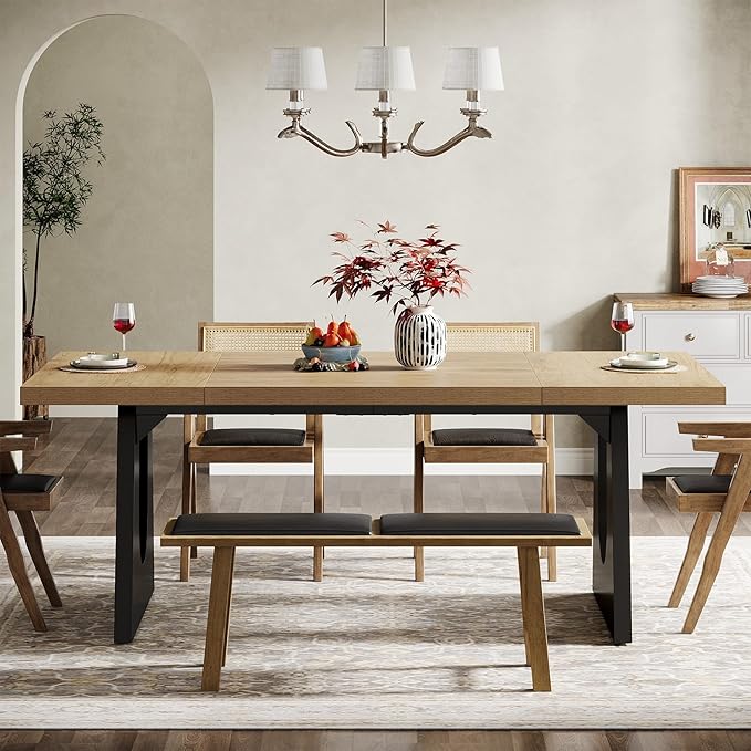 Tribesigns Large Dining Table for 6-8 People, 70.9-Inch Wood Rustic Rectangular Table with Black Wooden Legs, Farmhouse Center Kitchen Table for Dining Room, Living Room, Home Furniture, Oak and Black