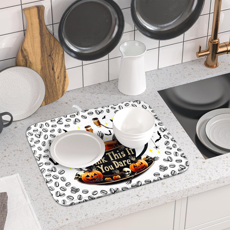 Funny Skull Coffee Mat for Table Counter Skeleton Dish Drying Mat Holiday Decoration for Home Coffee Bar