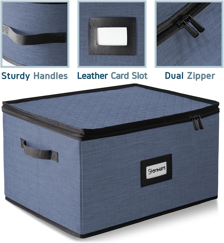 Wine Glass Storage Box with Dividers, 2 Pack Stackable Stemware Storage Cases, Service of 24 Glassware Storage Containers, Quilted China Storage Containers for Moving and Seasonal Storage, Blue