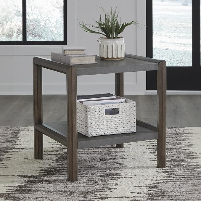 Signature Design by Ashley Kallenny Contemporary End Table with Faux Cement Top and Open Shelf, Dark Brown & Gray