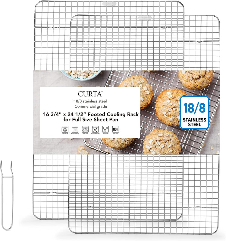 CURTA 2 Pack Chef Cooling Rack,NSF Listed 18/8 Stainless Steel Oven Safe Grid Wire Cookie Cooling Racks for Baking & Cooking - 16.8" X 24.4" Commercial Grade comes with Lifting Handle …
