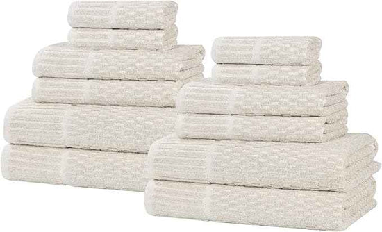 Superior Juno Viscose Cotton Blend Medium Weight Towels, for Bathroom, Shower, Spa, Plush, Quick Dry, Ultra-Soft Towels, Bath Essentials, Border Detail, 12 Piece Assorted Towel Set, Beige