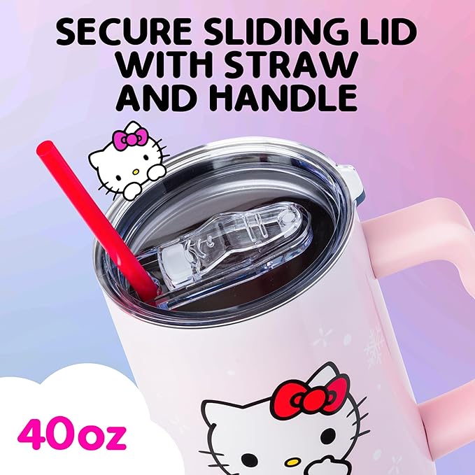 Silver Buffalo Sanrio Hello Kitty Christmas Holiday Dress and Matching Bow Snowflakes Double Walled Stainless Steel Tumbler with Handle and Straw, Fits in Standard Cup Holder, 40 Ounces