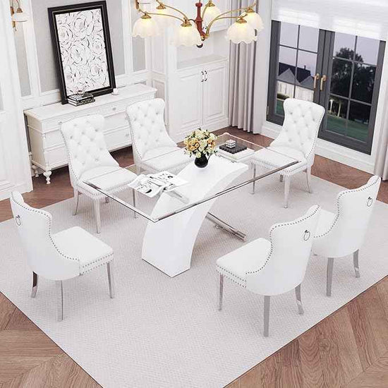 7 Piece Glass Dining Table Set for 6, 63" Modern Kitchen Table with 6 White Velvet Chairs, Tempered Glass Tabletop with White X-Shaped MDF Base, Modern Dining Room Set for Kitchen and Dining Room