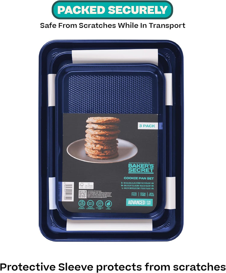 Baker's Secret Baking Sheets Non Stick, 3x Cookie Sheets for Oven, Diamond Texture Premium Air Flow, Set of 3 Baking Trays, Extra Thick 0.6mm with Diamond Base PFOA, PFOS, PTFE and PFAS free Bakeware