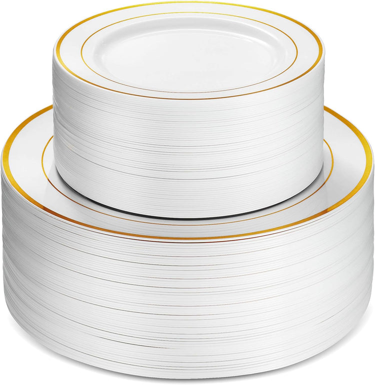 Munfix 100 Piece Plastic Party Plates White Gold Rim, 50 Premium Heavy Duty 10.25 Inch Dinner Plates and 50 Disposable 7.5 Inch Dessert Appetizer Elegant Fancy Heavy Duty Wedding Plates