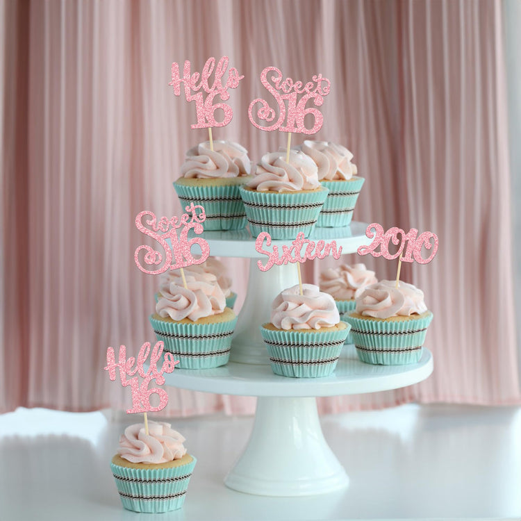 24Pcs Happy 16th Birthday Cupcake Toppers Glitter Hello 16 Sweet 16 Sixteen Years Old Cupcake Picks for Celebrating 16th Birthday Anniversary Party Cake Decorations Supplies Pink (24 Count)