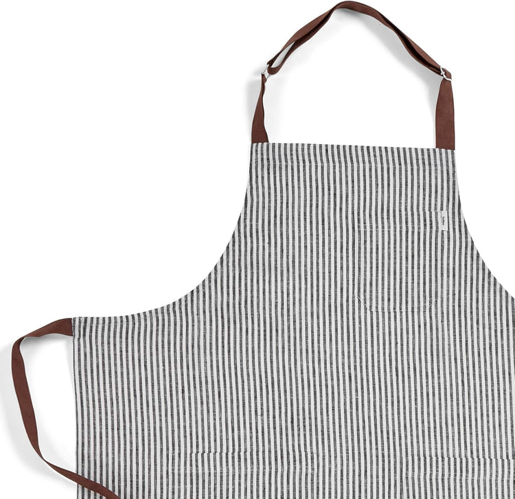 Solino Home Linen Kitchen Apron for Men & Women - Black and White/Brown Bib Apron with Front Pockets - Handcrafted from European Flax