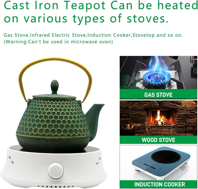 Cast Iron Tea Kettle Set, 33.8oz Hexagon Pattern Teapot Set with Cups, Teapot Coated with Enameled Interior, Durable Cast Iron Teapot Set with Stainless Steel Infuser