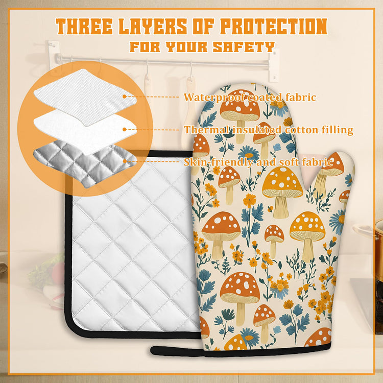 Cute Mushroom Forest Oven Mitts and Pot Holders (4 Count)