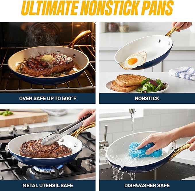 Gotham Steel 15 Pc Ceramic Pots and Pans Set Non Stick, Kitchen Cookware Sets, Pot and Pan Set, Ceramic Cookware Set, Non Toxic Cookware Set, Non Stick Pots and Pan Set, Dishwasher Safe - Navy