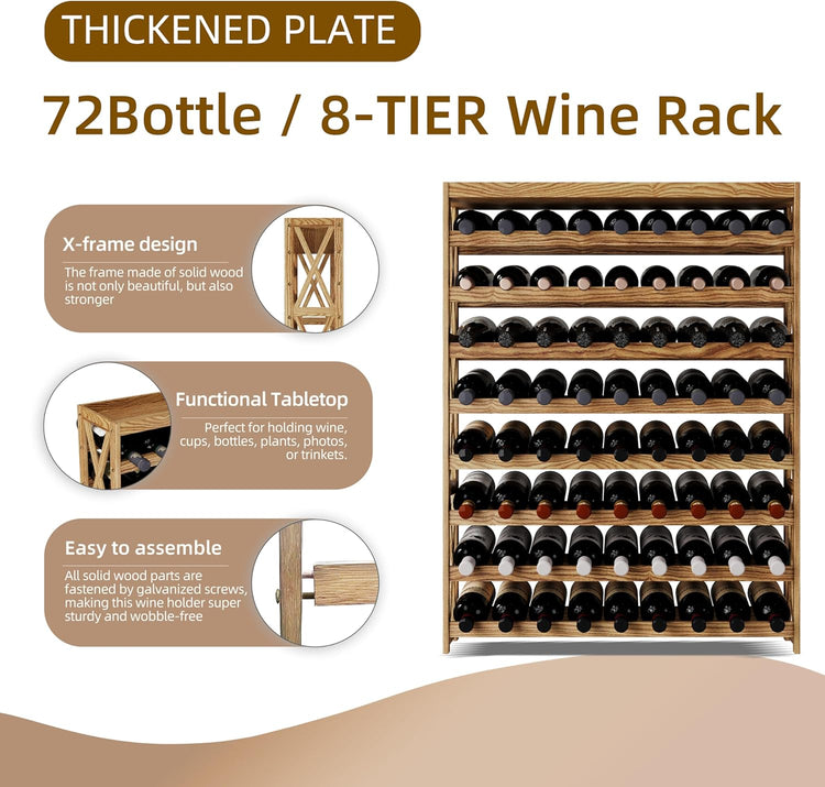 Solid Wood Wine Storage Racks with Tabletop, Free Standing Floor Wooden Wine Rack, Premium Wine Storage Rack Display and Organizing for Kitchen and Cellar 8 Tier 72 Bottles