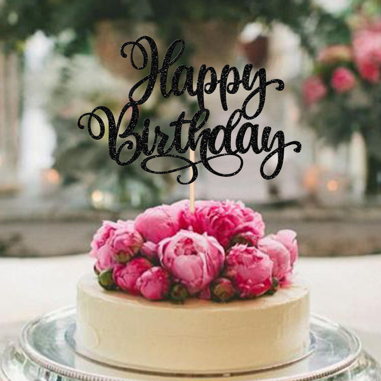 1 PCS Happy Birthday Cake Topper Glitter Happy Birthday Cake Pick Bunting Decor for Anniversary Celebrating Happy Birthday Party Cake Decorations Supplies Black