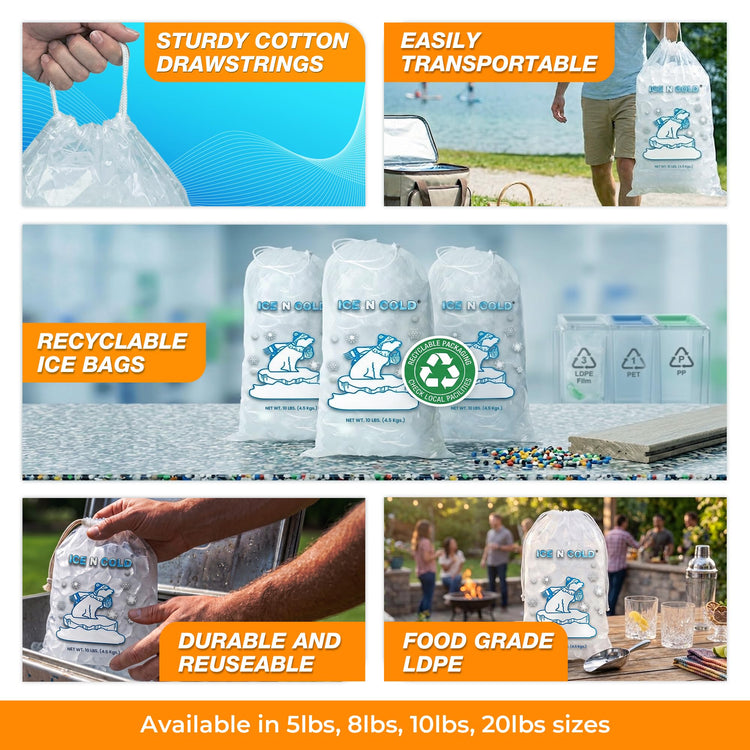 10lb (200 ct) Ice Bags with Cotton String 41 Micron Commercial & Food Grade LDPE, BPA-Free, Freezer Safe Plastic, 11" x 19" Bolsas Hielo, Bolsas Para Hielo, Ice Cube Machine Storage Bag (200 Count)