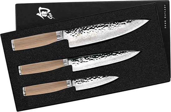 Shun Premier Blonde 3 Piece Starter Set, Includes 8" Chef, 4" Paring & 6.5" Utility Knives, Handcrafted Japanese Knife Set, Damascus Stainless Steel Cladding, Pakkawood Handle