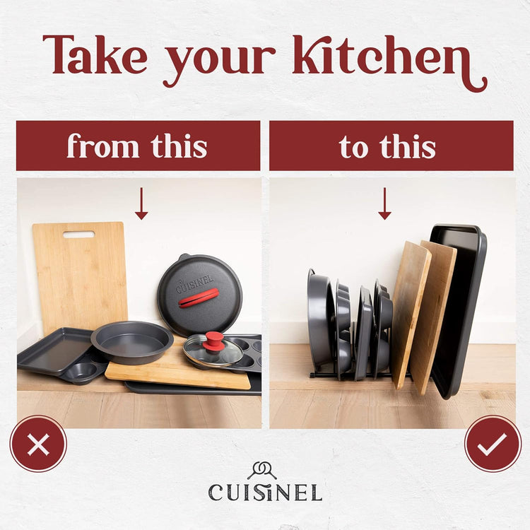Cuisinel Lid and Dish Organizer Rack - Satin Nickel Silver Kitchen Storage Organization Stand - Plate Holder, Pan/Pot Covers, Cutting Board and Cookie Sheet Divider - 7-Tier Cabinet/Counter Display