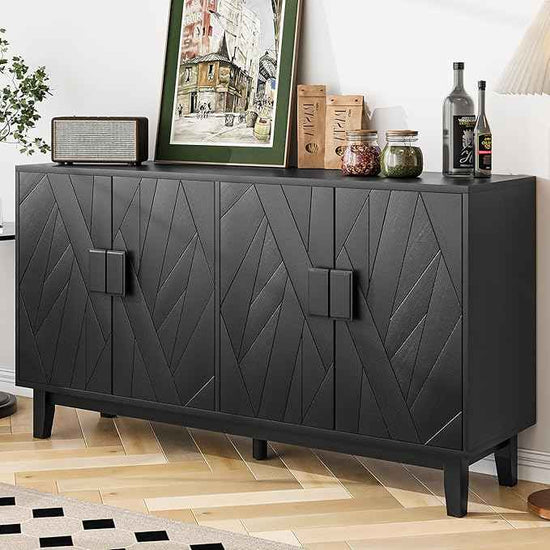 Modern Black 4-Door Sideboard Buffet Cabinet with Geometric Wood Doors | Adjustable Shelves, Large Console Table for Dining Room, Kitchen, and Living Room (55 inches)