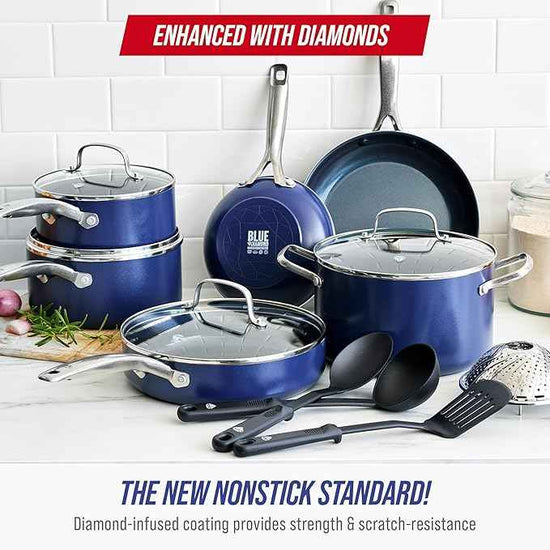 Blue Diamond 14 Piece Cookware Set, Diamond Infused PFAS & PFOA-Free Ceramic Nonstick Pots and Pans, Durable, Non Toxic, Metal Utensil Safe & Scratch Resistant, Dishwasher & Oven Safe, Blue