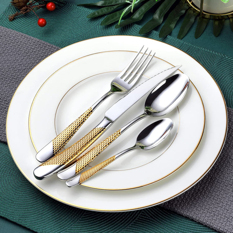 Hammered Silver Gold Silverware Set (24 Count)