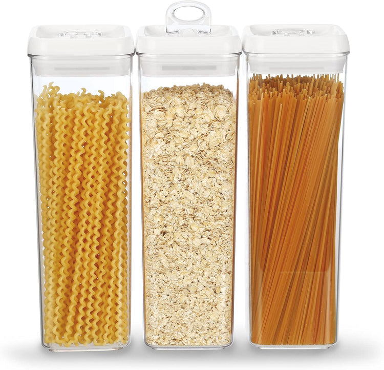 Felli Flip Tite TALL Storage Container with Lid 4" Air Tight Easy Open Ring Top, Clear Acrylic Skinny Canister Jar for Spaghetti Lasagna Fettuccine Noodle, Kitchen Cupboard Pantry Organizer (2.0 qt)