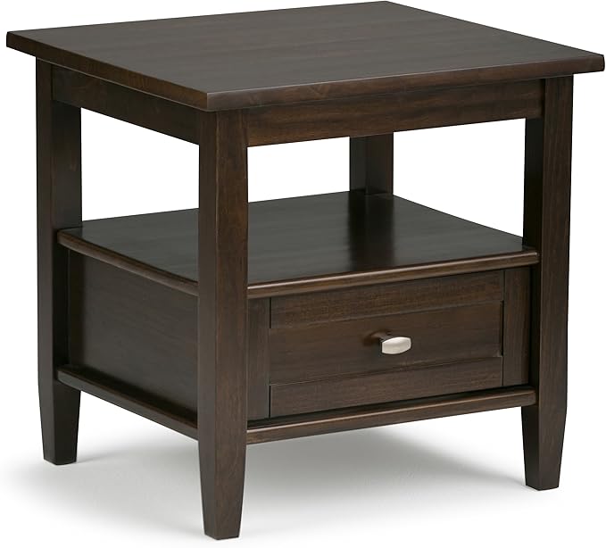 SIMPLIHOME Warm Shaker End Table - 20 inch Wide Solid Wood Side Table in Tobacco Brown, Transitional Accent Table for Living Room or Bedroom with Drawer, Open Shelf and Square Tapered Legs