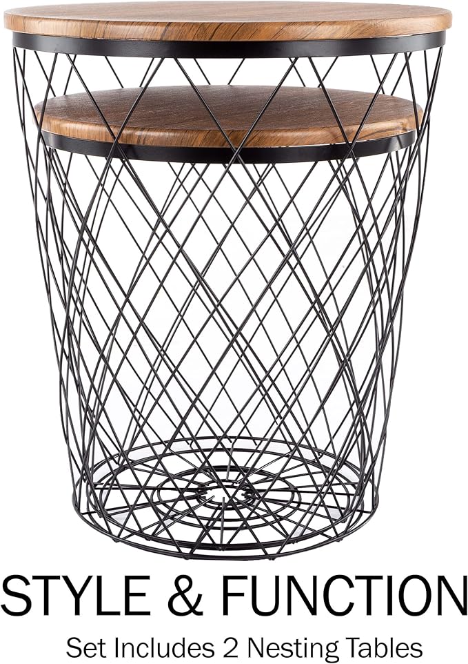 End Tables Set of 2 - Nesting Tables with Removable Wood Tops and Metal Basket Bases for Blanket Storage - Round Side Furniture for Living Room, Bedroom, or Home Office by Lavish Home (Brown)