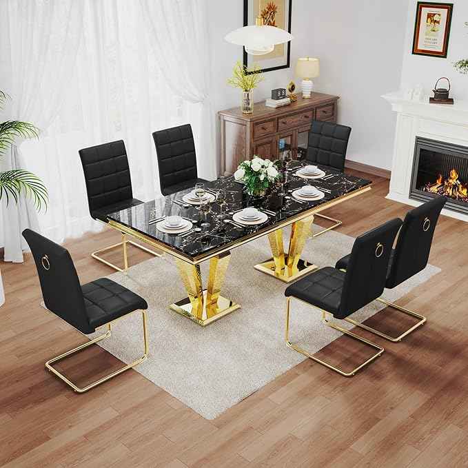 7 Piece Luxury Dining Room Set, Modern Dining Table and Upholstered Chairs Set, Marble Kitchen Table Set for 6, Big Kitchen Dinner Tables Kit with Silver Base