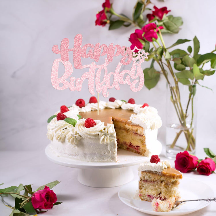 1Pcs Happy Birthday Cake Topper Glitter Happy Birthday Cake Pick Decorations for Celebrating Happy Birthday Anniversary Theme Party Cake Decorations Supplies Pink Light Pink