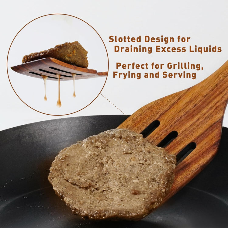 FJNATINH 2 Pcs Wooden Spatula Set for Cooking, Natural Teak Spatula and Slotted Turner for Non-stick Cookware, Kitchen Cooking Utensils for Frying Flipping Pancake Spatula