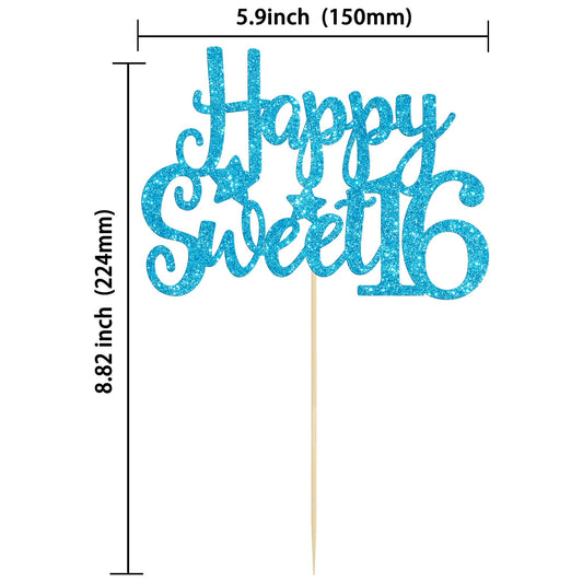 1Pc Happy Sweet 16 Cake Topper Glitter 16th Birthday Cake Pick for Cheers to 16 Years Old 16th Birthday Party Cake Decorations Supplies Light Blue