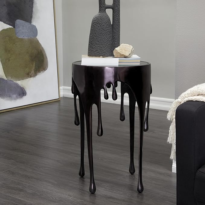 Deco 79 Aluminum Metal Side End Accent Table Melting Drip End Table with Glass Tabletop, Side Table 16" x 16" x 25", Black