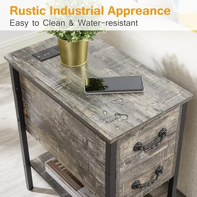 VECELO End Tables,Narrow Nightstands with Charging Station & USB Ports &Drawers,Night Stand for Living Room, Bedroom,Dust Grey