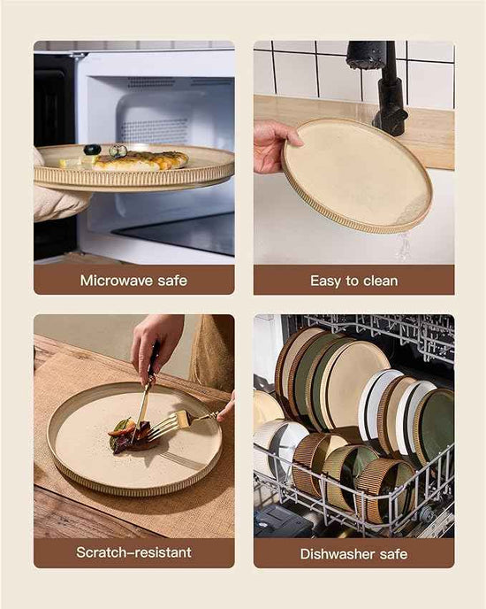 24-Piece Dinnerware Set Service for 8, Famiware Premium Stoneware Dish Set with Ribbed Plates and Deep Bowls, Double Reactive Glaze, Chip & Scratch Resistant, Microwave & Dishwasher Safe, Cream