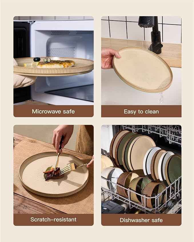 Stoneware Dinnerware Sets, Handcrafted Double Reactive Glaze Plates and Bowls for Everyday & Formal Dining, Microwave & Dishwasher Safe, Scratch Resistant Dishes Service for 4 (12-Piece), Cream