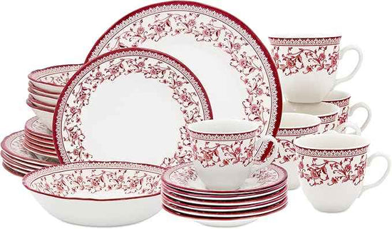Tudor Royal Collection 30 Piece Round Dinnerware Set, Service for 6, Aster Pink Design, Red Floral, Plates Bowls Saucers Mugs Dishes, High Gloss Premium Quality