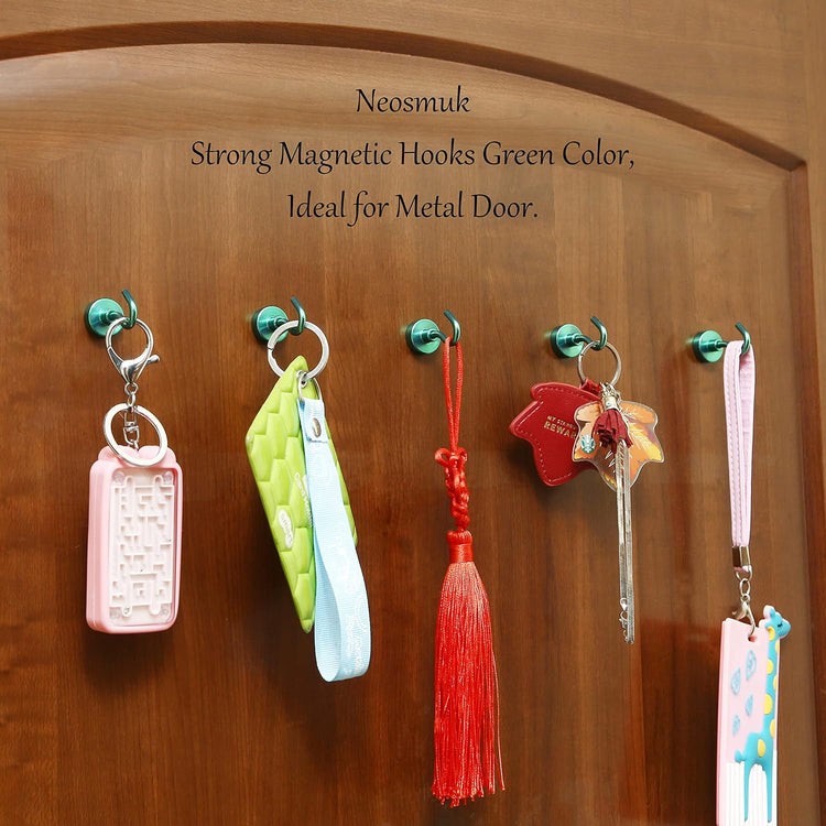 Neosmuk Magnetic Hooks,30lb+ Heavy Duty Earth Magnets with Hook for Refrigerator, Extra Strong Cruise Hook for Hanging, Magnetic Hanger for Curtain, Grill (Green, 15 Pack)