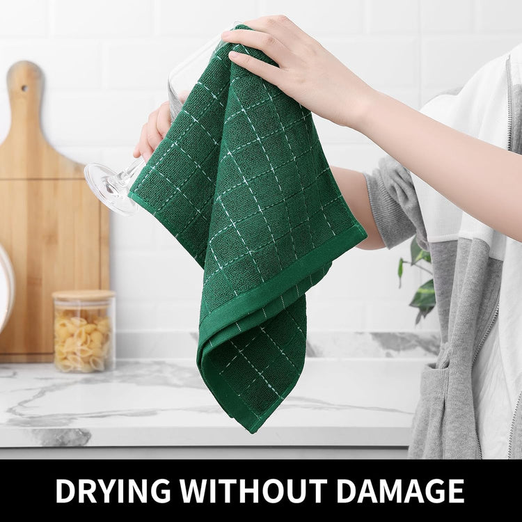 Homaxy 100% Cotton Terry Kitchen Towels(Dark Green, 13 x 28 inches), Checkered Designed, Soft and Super Absorbent Dish Towels, 8 Pack