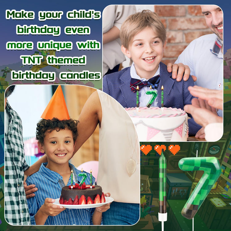 13 Pcs Dynamite Themed Birthday Cake Candles & Number 7 Candle Topper for Pixel Theme Birthday Party (13 Count)