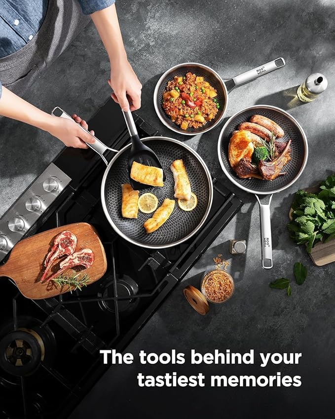 Frying Pans Non Stick, Hybrid Ceramic With Lid, 12 Inch Tri-Ply Stainless Steel Skillet, Non-Toxic, PFAS/PFOA/PTFE Free, Metal Utensil Safe, Dishwasher & Oven Safe